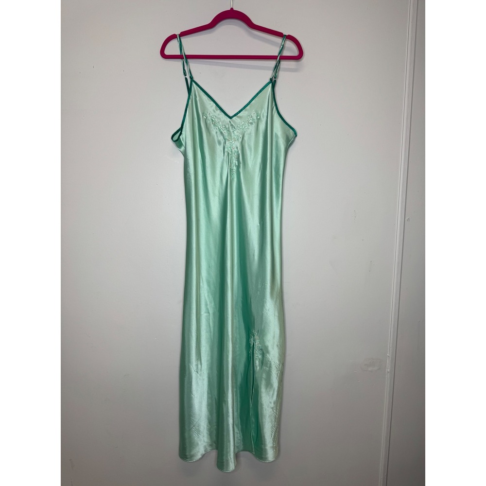 Enchanting Mint Green Satin Maxi Nightgown Floral Embroidered Chemise XL Slit
